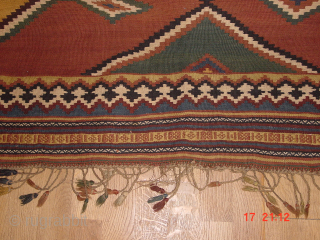 wonderful fine antique kaskay flatweave kelim, all great natural colors, no fading, great complete headends and selvedges, three minuscule, far less than fingertip holes, some small  removeable faint staining, no repairs,  ...