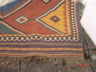 wonderful fine antique kaskay flatweave kelim, all great natural colors, no fading, great complete headends and selvedges, three minuscule, far less than fingertip holes, some small  removeable faint staining, no repairs,  ...