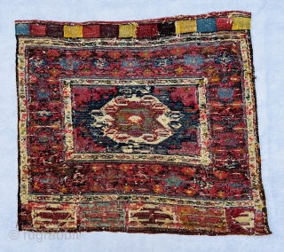 Shahsevan soumac bagface circa 1870 all good natural colors. woven with silver thread in the center,very good condition,size 54x62cm              