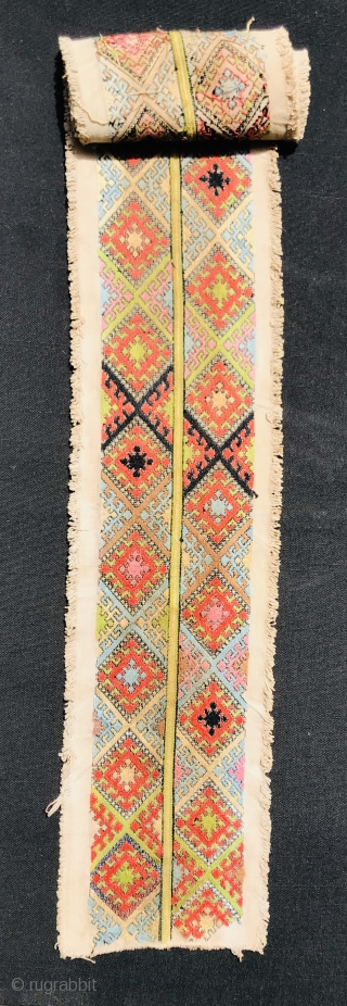 antique Baluch noble embroidery with raw silk on cotton, Size 200x19cm                      