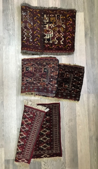 Lot of three Turkmen trappings. Ersari mafrash, Saryk torba and Tekke bagface. Condition is very good except for the Saryk torba which has some serious wear but also good age.   