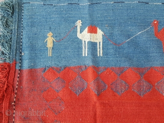 Gorgeous Caucasian Azeri village Verneh or shadda cover. Depicting three camel caravans. All natural dyes. Size is 172 x 200 cm. Very good condition.         