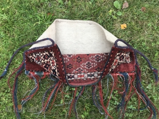 Lovely small Turkoman Yomud group torba or mafrash. With full backside and tassels. Uncommon border. Natural dyes. In great condition. Size is 29 x 58 cm.       