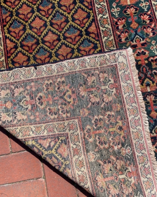 Late 19th century Azerbaijan long rug repetitive design and different green tones in border (all natural dyes) also good condition, couple of lines re-weave at double ends. 740 x 90 cm (2’11”  ...