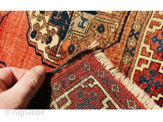 Early Turkmen Salor main carpet fragment. Circa 1800 or before. Size 53×54 cm (20.8×21.2 inches). Partial color fading as pictured. Very finely           