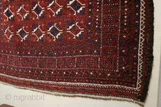 Elegant Baluch rug with Turkmen guls and kochaks from areas bordering Afghanistan;  fine weave;  five colors,  all natural;  handspan wool;  normal oxidation of the brown appropriate to  ...