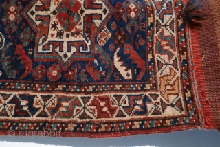 Complete and beautiful,  this antique Khamseh bag is from SW Persia,  circa 1910,  with lovely natural dyes,  front and back;  in excellent condition and with high pile;  ...