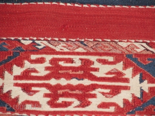 very beautifull anatolian ala chuval.it has mainly wonderfull red and blue.the white colour is cotton and the rest is wool.it has some damages and warn out parts.the design is very beautifull like  ...