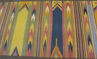 Substantial half fragment of a mosque dhurrie . Early C20th
All cotton , fabulous colors . I think its from Kutch , India.
528 x 120 cm
        