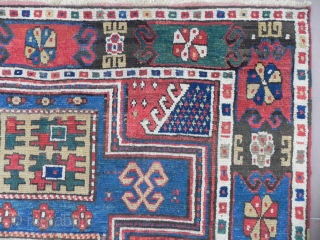 Early Caucasian Kazak Rug, 86x57 inches, Splendid Colors and a rare design with elements of various weaving areas in the Caucasian Mountains, lustrous wool pile on wool foundation, floppy handle, nice and  ...