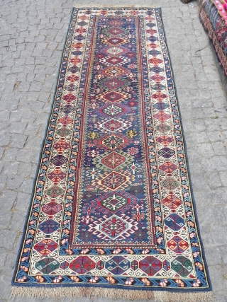 Antique NE Caucasian Kuba Runner, 3.6x9.5 ft (110x290 cm), Excellent original condition, full pile, late 19th century.                