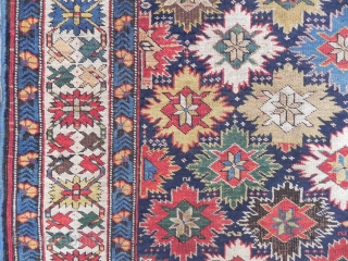 just in! An out of this world Caucasian Kuba Star&Rosette Runner (snowflakes?), wonderful colors, good original condition as found, fresh from a US Estate, 3.6 x 13.5 ft (110x412 cm), mid 19th  ...