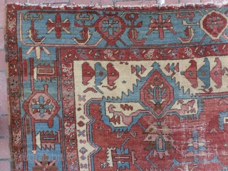 Persian Heriz Carpet, 11 x 9.9 ft (336x300 cm), late 19th Century, Original as found, needs some repair as seen, comes from a NY estate.  www.RugSpecialist.com , Binbirdirek Mah, Peykhane Cad,  ...