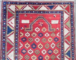 Antique Caucasian Fachralo Kazak Prayer Rug, Dated 1328 (1910 AD),  A top of the shelf collector`s rug in German condition.            