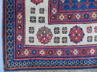 Antique Southeast Caucasian Talish long Rug with classic repeating rosette  and dice design border, 3.8 x 7.10 ft (116 x 244 cm), ca 1875, Full Pile, lustrous wool and saturated colors,  ...