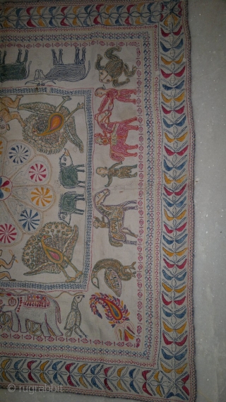 WONDERFUL "KANTHA" FROM MUSHIDABAD(WEST BENGAL) , VERY INTRICATE AND FINE WORK DONE. A PICTORIAL TEXTILE WITH ALL FIGURES OF ANIMALS , HUMAN , BIRDS ETC MAY BE USED AS A WRAP FOR  ...