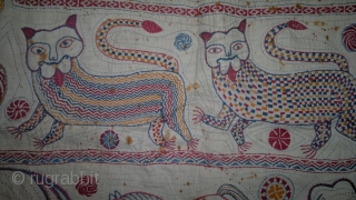 A BEAUTIFUL AND OLD KANTHA TEXTILE (INDIA). ALL HAND STITCHED WITH THEME "TREE OF LIFE" , CHAIN STITCH , EARLY STYLE OF MAKING FEATURED ANIMALS IS VERY NICELY SHOWN IN THISE WONDERFUL  ...