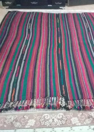 Khalkhal jajim from the first half of 20th century (1920-1930).
260*220 cm
vegetable dyes
Khalkhal located in the north west part of Iran was famous for its jajims knotted by Shasevan tribe.
    