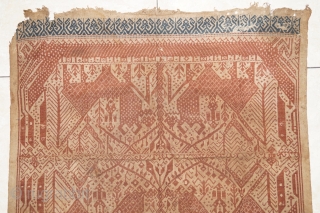 #RB007 Very rare large Tampan ceremonial cloth Lampung south Sumatra Indonesia, Paminggir people handspun cotton natural dyes supplementary weft weave, rare motif good condition with minor re stitched, 19th century size: 72  ...