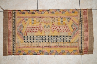 #rb011 Very rare Tatibin ceremonial cloth Lampung south Sumatra Indonesia, Paminggir people handspun cotton natural dyes supplementary weft weave, rare motif with large ship motif and large mythical animal motif, good condition,  ...