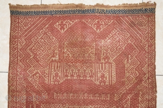 #rb015 Rare and large Red Tampan ceremonial cloth Kalianda or Jabung district Lampung south Sumatra Indonesia, Paminggir people handspun cotton natural dyes supplementary weft weave, rare with red and blue color motif,  ...