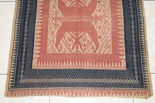 #rb031 Rare and large Red Tampan ceremonial cloth Kalianda or Jabung district Lampung south Sumatra Indonesia, Paminggir people handspun cotton natural dyes supplementary weft weave, rare with red and blue color motif,  ...