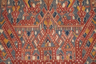 #rb033 Rare and large Red Tampan ceremonial cloth Kalianda district Lampung south Sumatra Indonesia, Paminggir people handspun cotton natural dyes supplementary weft weave, rare with red and blue color motif, good condition,  ...