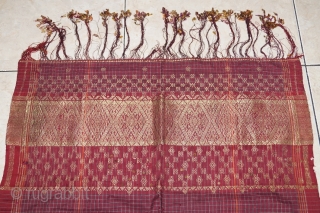 #rb 040 Minangkabau head cloth / shoulder cloth, Minangkabau people west Sumatra Indonesia, late 19th century, silk gold threat supplementary weft weave natural dyes, good condition with holes and re stitched please  ...