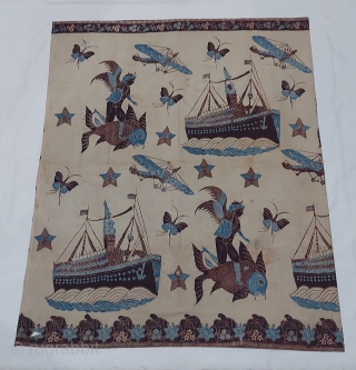 Javanese Batik pekalongan from Dutch colonial era, with flower large merchant ship angel riding fish motif, fairly good condition with some damage re stitched as fair condition as a very old textile,  ...
