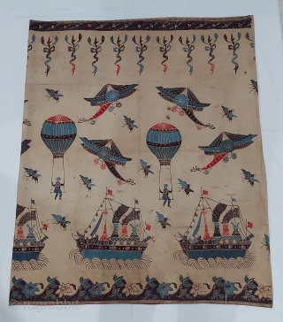 Javanese Batik pekalongan from Dutch colonial era, with flower ship balloon and airplane motif, fairly good condition with some damage re stitched as fair condition as a very old textile, early 20th  ...
