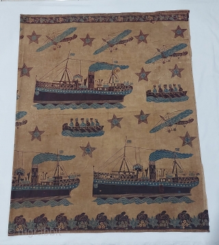 Javanese Batik pekalongan from Dutch colonial era, with flower large merchant ship human riding boat motif, fairly good condition with some damage re stitched as fair condition as a very old textile,  ...