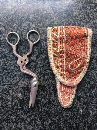 An antique Persian metal scissors and silk velvet scissors bag, dating to the 19th century Iran. These are probably from Yazd region of Iran. Scissor bags in general are hard to find  ...