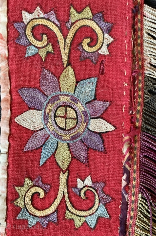 An exceptional antique Uzbek Lakai Tribe silk embroidered 'saygosha' hanging, dating to 19th century. These 'v' shaped hangings were dowry textiles, initially made to attach to the elegant and decorative bridal bed  ...