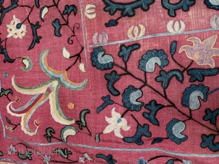 An outstanding silk on silk embroidered antique Uzbek suzani / susani from the rural Shahrisaz regions of Uzbekistan. For its type, it is a relatively older example dating to the 3rd quarter  ...