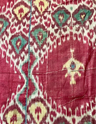 An exceptional antique Uzbek silk adras Ikat hanging from Bukhara / Bokhara. Dating between mid to third quarter of the 19th century, this is a silk warp and cotton weft Ikat (a  ...