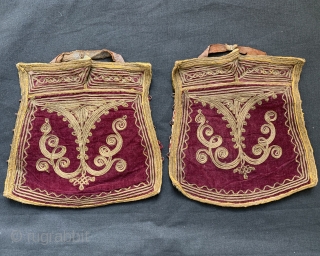 A beautiful and rare pair of antique Ottoman military rank cuffs / sleeves dating to the 19th century. It is made with gilded metal embroidery on maroon silk velvet and would be  ...