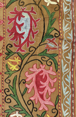 An excellent Antique Uzbek silk suzani dating circa last quarter of the 19th Century. Though such types are often generically called lakai, It is likely made in rural areas around the city  ...