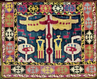 A very rare  and visually stunning antique Uzbek silk velvet Ikat ilgich / ayna khalta made in the 19th century. This is not a repurposed piece but rather an original mirror  ...