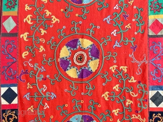 An exceptional and rare example of antique Uzbek Lakai tribe silk embroidered suzani dating to late 19th century. Often silk on coloured ground suzanis are wrongly attributed to Lakai when they were  ...