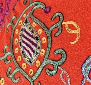 An exceptional and rare example of antique Uzbek Lakai tribe silk embroidered suzani dating to late 19th century. Often silk on coloured ground suzanis are wrongly attributed to Lakai when they were  ...