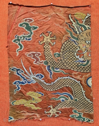 An important museum grade 17th century Imperial Chinese antique silk and gold brocade fragment of a dragon robe from Kangxi period of Qing / Tsing / Ching dynasty. Chinese Imperial dynasties spanned  ...