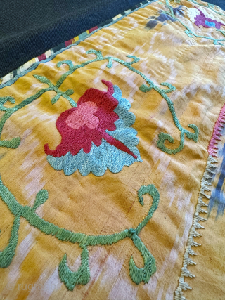 A very rare antique Uzbek or Tajik silk embroidered nim suzani on an atlas Ikat ground. Dating to third quarter of the 19th century Samarkand region. Suzani Ikat’s are some of the  ...