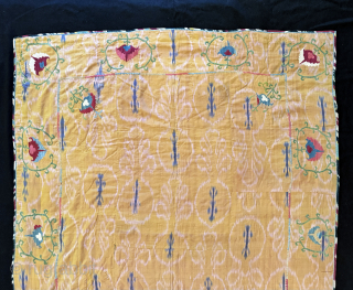 A very rare antique Uzbek or Tajik silk embroidered nim suzani on an atlas Ikat ground. Dating to third quarter of the 19th century Samarkand region. Suzani Ikat’s are some of the  ...