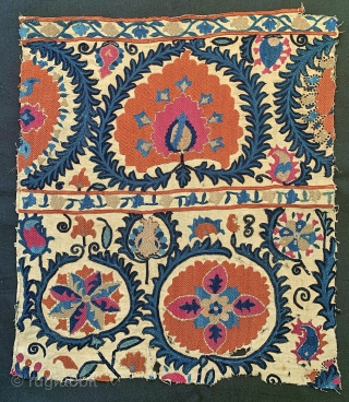 An exceptional antique Uzbek Bukhara silk suzani fragment dating to early 3rd quarter of the 19th century. The embroidery is exceptional with a combination of basma stitch (a local flag stitch) and  ...