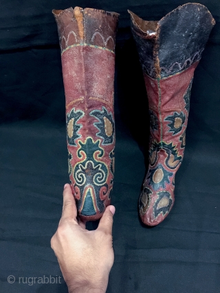 An exceptional antique Central Asian leather appliqué boots dating to the second half of the 19th century. This particular is relatively older than most one sees in the market and many of  ...