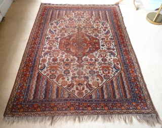 A rare white-ground Khamseh rug, with luminous natural colours. Second half 19th Century.  6'5" x 4'6" /196 x 138cm             