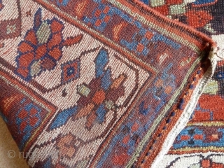 Fabulous 19th Century Sauj Bulagh, 250 x 130cm, 8'2" x 4'3". 10 beautiful colours including aubergine, buff pink and teal and pistachio green. Best Kurdish wool - the charcoal corroded and partially  ...