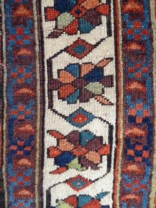 Fabulous 19th Century Sauj Bulagh, 250 x 130cm, 8'2" x 4'3". 10 beautiful colours including aubergine, buff pink and teal and pistachio green. Best Kurdish wool - the charcoal corroded and partially  ...