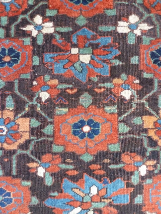 Fabulous 19th Century Sauj Bulagh, 250 x 130cm, 8'2" x 4'3". 10 beautiful colours including aubergine, buff pink and teal and pistachio green. Best Kurdish wool - the charcoal corroded and partially  ...