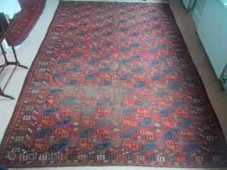 A mid-19th century Ersari main carpet, rather worn in one half of the field. Good early colours and border design.             